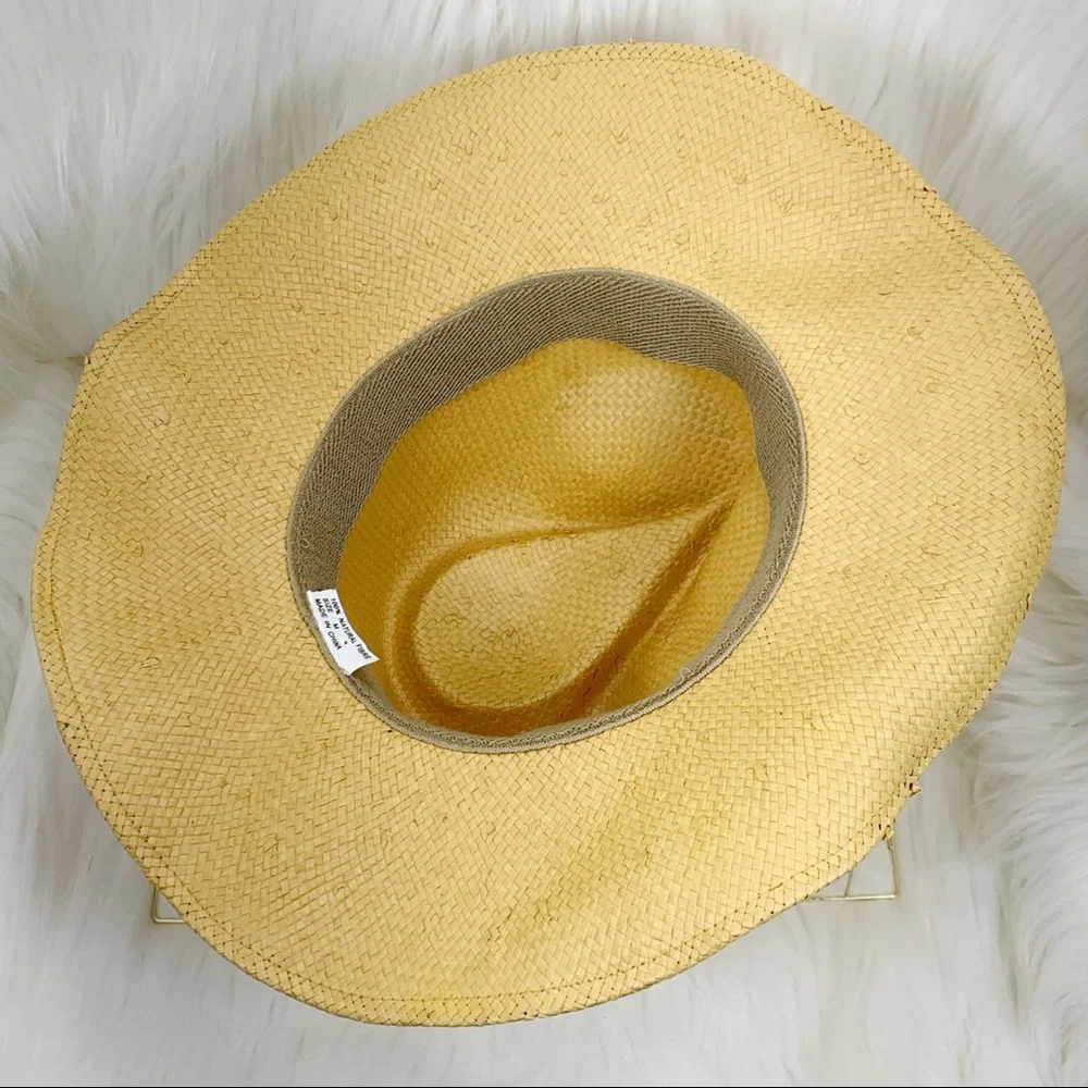 Golden Natural Fiber Cowboy Hat with Beaded Embellished String Tie Band
